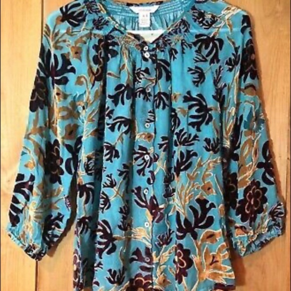 Sundance Winter Palace teal velvet burn-out blouse